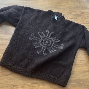 J. Peterman men's wool knit heavyweight sweater in brown.  Design on both sides